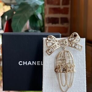 CHANEL Birdcage Coco CC Gold-Tone Crystal Embellished Brooch